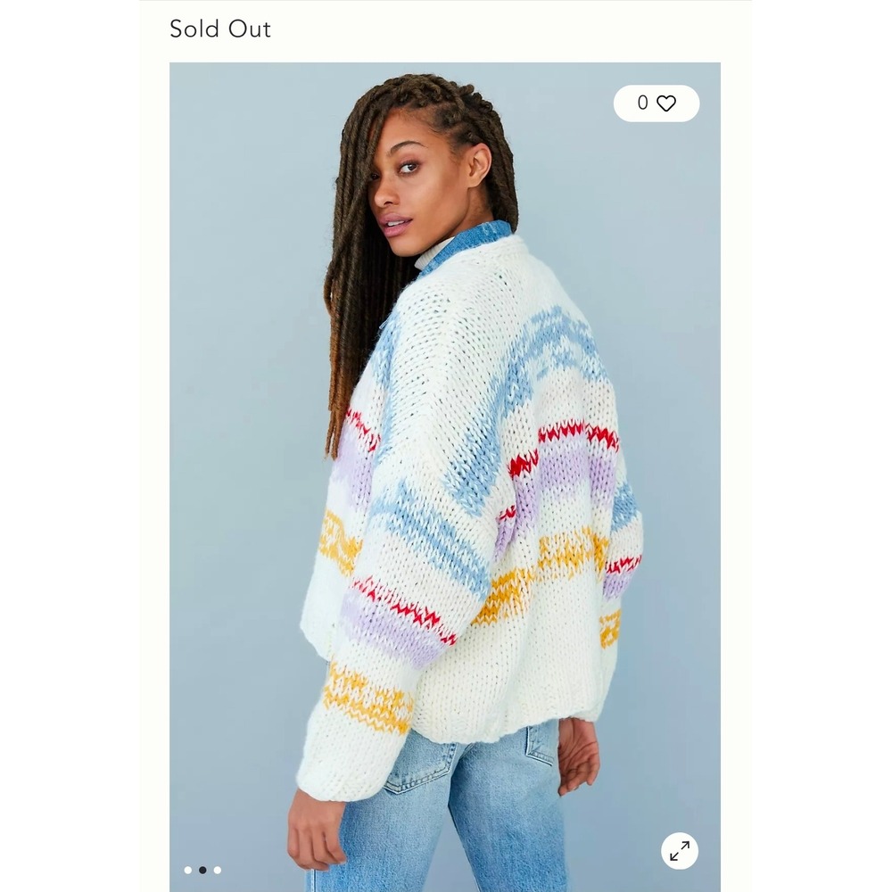 By Anthropologie Chunky Knit Striped Open Front Cardigan Sweater Cream XS/S